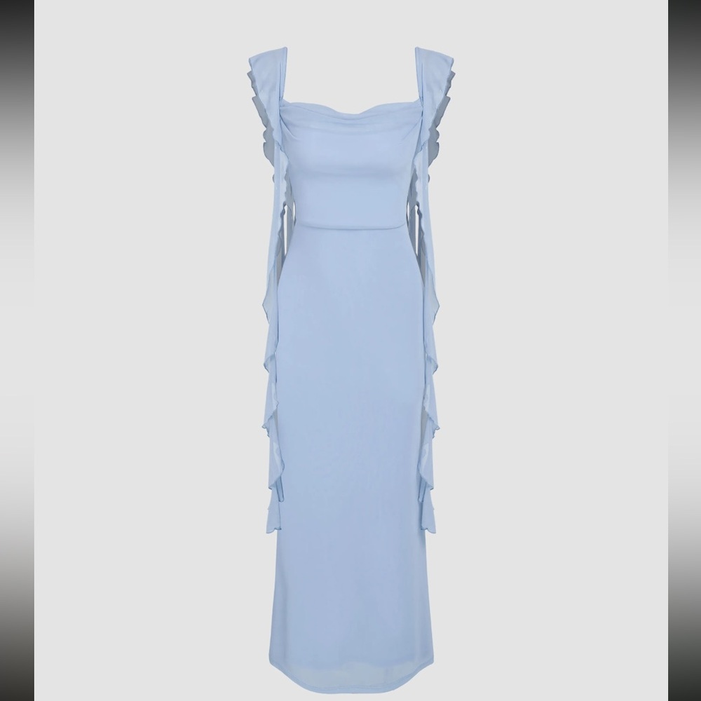 Mesh ruffle hem maxi dress-S, blue